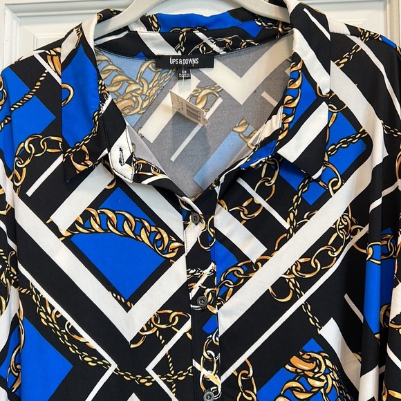 Ups & Downs Plus NWT Royal Blue Tunic Chain Print Blouse Jersey Fabric sz.3X NWT - Picture 3 of 8